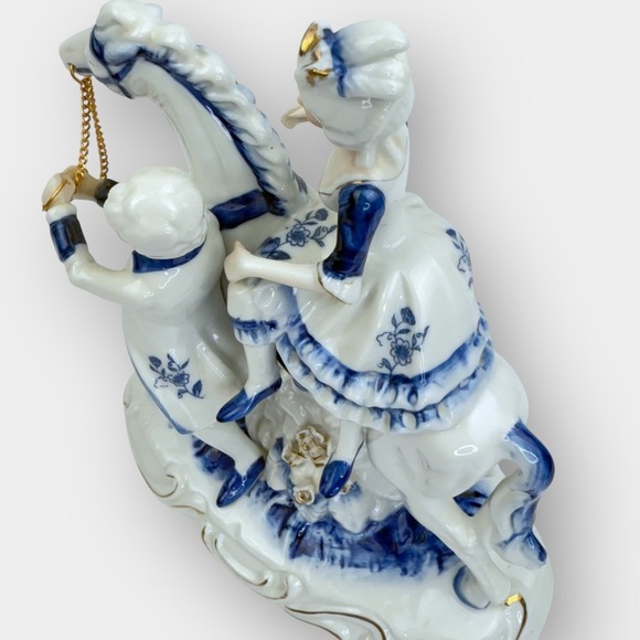 Vintage Porcelain Horse Rider & Handler Figurine Blue White Gold Trim 9 Inch - Picture 8 of 16